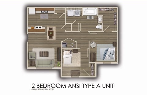 Floor plan for 2 beds, 1 bath, 877 sqft